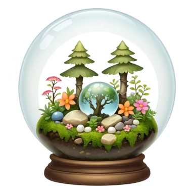 Mystical woodland glass-dome-terrarium-globe with moss inside, with marbles, with pebbles, crystals, with bones inside, and flowers inside  sticker