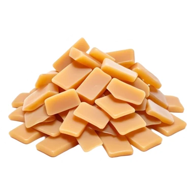 pile of thin, gently curled soap flakes in pale beige or amber, waxy matte surface, irregular hand-shaved look, lightweight twisted slivers, traditional soap, soft lighting, subtle shadows, emoji scale sticker
