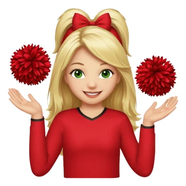 Girl with long blonde hair, smiling, holding one red pom pom in each hand, green eyes, red shirt, cheerleader sticker