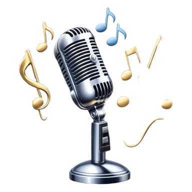 Create a dynamic and atmospheric emoji representing jazz vocal performance. The design should feature a classic, vintage microphone surrounded by flowing musical notes and soft, swirling sound waves to capture the smooth, improvisational essence of jazz. The microphone should have an old-school chrome finish, with subtle highlights that suggest its iconic, timeless quality. Include a background hint of a dimly lit jazz club or smoky stage to set the mood. Use deep, moody colors like midnight blue, gold, and black to evoke the intimate, soulful vibe of jazz vocals. The background should be transparent. sticker
