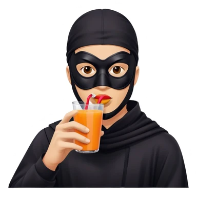Masked man in dark clothing holding and drinking from a juice box with a straw, comical contrast between serious masked appearance and innocent juice sticker