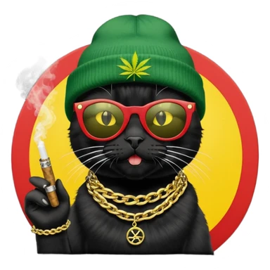 A black cat wearing the deal with it shades and a rasta beanie and smoking a joint and wearing a gold chain that says 420 and the words High Time at the top of the image sticker