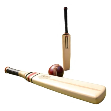 A cricket bat and ball resting on a well-manicured pitch, with the stumps and bails in the background. The scene emphasizes the traditional elements of the game, with the bat poised for a shot and the field reflecting a calm, competitive atmosphere. sticker