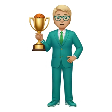 full body plus size male basketball coach with sandy blonde hair and glassed wearing blue and green suit holding a trophy sticker
