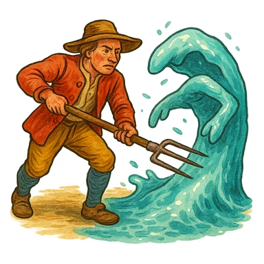 Чуть рисованный, но при этом яркий объемный стиль, голландский крестьянин 18 века с вилами в руках тычет вилами в водный элемент как на картинке, который как море пытается на накрыть, прозрачный фон sticker
