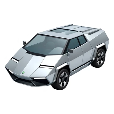 A futuristic chrome car emoji, sharp geometric body design inspired by cybertruck aesthetics, smooth silver metallic surface, matte and glossy chrome mix, minimal details, soft reflections, clean edges, iOS emoji style, centered, clean white background, soft studio lighting, no text sticker