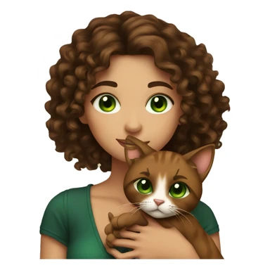 Long curly brunette girl with tattoos holding a brown cat with green eyes sticker