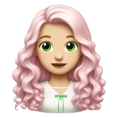 pale girl with long wavy hair with bright green eyes and wearing a light pink hair bow sticker