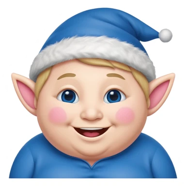 A blue emoji with fat pink cheeks and is smiling like a elf sticker