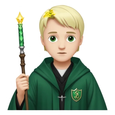 Draco Malfoy wearing slitherin robe with his wand sticker
