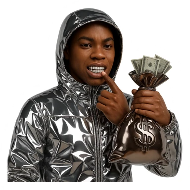 Create a character inspired by the person in the reference image with realistic brown skin tone and natural facial features. Dress him in a chrome patterned hooded jacket. He should be holding a chrome brown money bag in his other hand (opposite side), with realistic US dollar bills coming out. The character has visible grills and a confident expression. Only the jacket and money bag are chrome; face and hands look natural. Background transparent. sticker