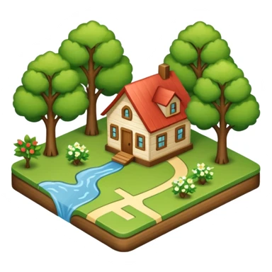 An icon featuring a local map, symbolizing local gardening. The design includes a different trees, and 1 tiny wooden house, representing the unique geography and culture of a specific area. Transparent background highlights the exploration of local history and environment. sticker