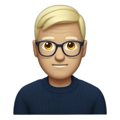 grumpy blond bald man with round glasses with navy sweater sticker