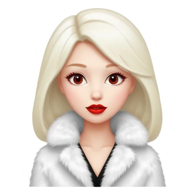 A beautiful, cute girl with red lipstick is posing for a photo in a white fur coat sticker