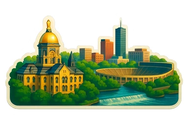 Re-do the South Bend, Indiana emoji with a more straight-on angle, featuring a wide city view with iconic landmarks such as the University of Notre Dame campus including the Golden Dome and Notre Dame Stadium, St. Joseph River, and downtown South Bend. The image should have lifelike detail, accurate colors, bright daytime lighting, and a fully transparent background with no sky, no clouds, and no city name label. Keep the style consistent with previous city emojis in the retro stickers style. sticker