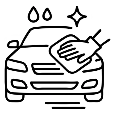 outlined icon of a high-end car with a hand wearing a black glove cleaning the hood, water drops, shine, silver and white details, smooth motion lines, modern and clean sticker