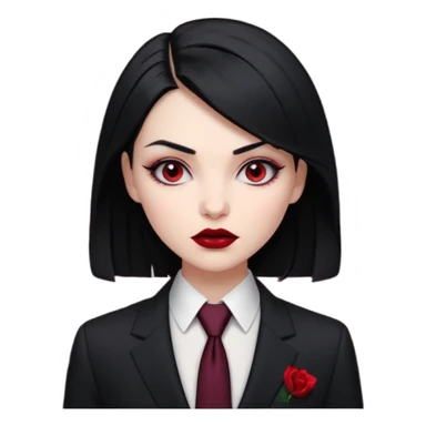 {
      "type": "human",
      "look": "femal modern vampire, slick hairstyle, dark suit, loosened tie",
      "description": "a modern vampire with a slick hairstyle in a dark suit and loosened tie"
    } sticker