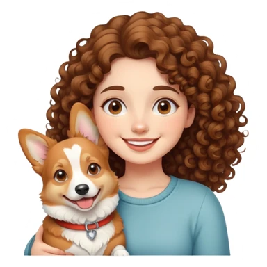 Curly brunette girl smiling with a corgi, in cute style   sticker