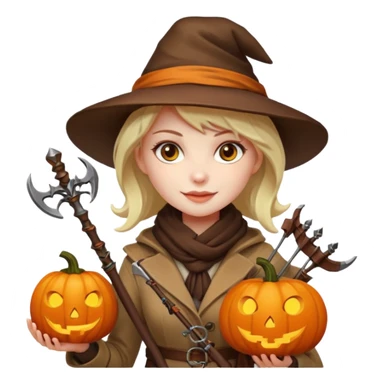 female human monster hunter emoji, wearing brown coat and hat, holding crossbow, soft smile, scarf, glowing pumpkin by her side, Halloween fantasy style, clean vector Apple emoji look, bright colors, white background, square sticker