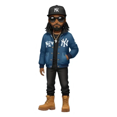 African American man with shoulder length black dreadlocks with black beard wearing black sunglasses wearing a black New York Yankees logo baseball cap wearing a black bubble winter coat wearing denim skinny jeans and Timberland boots with on hand in his pocket sticker
