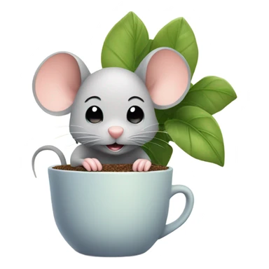 Cute mouse with a potted houseplant and cup of tea sticker