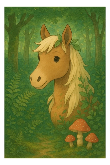 Add more forest details around the cute horse head, such as ferns, moss, mushrooms, and leafy branches, in Ghibli style with soft colors, gentle expression, and leafy accents. sticker