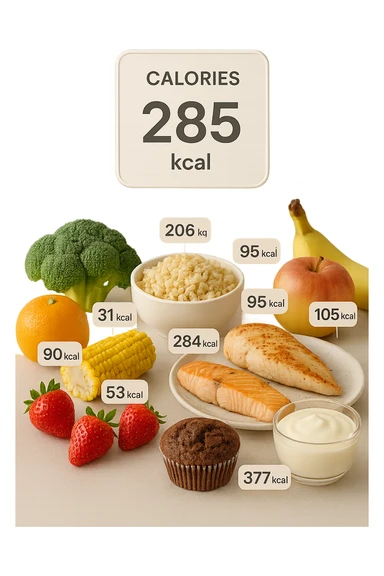 a digital calorie counter hovers above a variety of foods arranged on a table—fruits, vegetables, grains, meats, and desserts. Each food has a floating label showing its calorie content. The background is clean and modern, emphasizing the educational aspect of calorie awareness. sticker