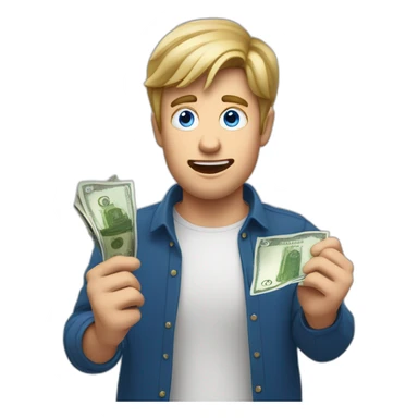 White guy with dark blond hair and blue eyes holding a euro bill in his hands acting surprised sticker