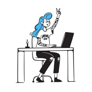 Rock musician girl with half-shaved head and blue hair, arm tattoos, multiple ear piercings, wearing ripped jeans and metal band shirt, sitting at desk with laptop and raising hand enthusiastically sticker