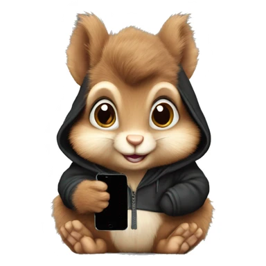 Cute realistic fluffy Squirrel with fluffy ears in black hoodie holding an iPhone  sticker