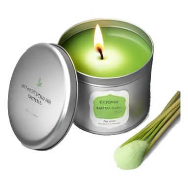 pretty matcha scented candle in silver tin with label realistic sticker