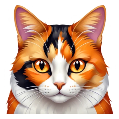 Cinematic Noble Calico Cat Portrait Emoji, Poised and regal, with a striking patchwork fur in vibrant orange, black, and white hues, delicate whiskers and a refined, focused gaze, simplified yet exquisitely detailed, glowing with a soft, moonlit radiance and an air of aristocratic elegance, high shine, exuding dignified intelligence and poised authority, soft glowing outline, capturing the essence of a watchful and noble calico cat that appears ready to grace the screen with effortless majesty! sticker