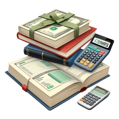 Icon for Business Reading: an open book with graphs, numbers, percentages, formulas, and text on the pages, next to a stack of books, a pile of dollars, a calculator and business magazines like Forbes. Transparent background. sticker
