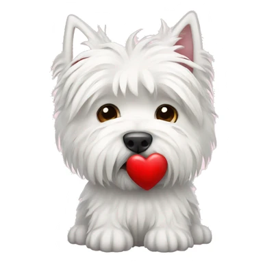 White highland terrier holding a heart sticker