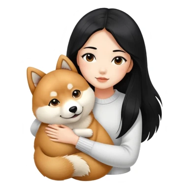 A beautiful girl with long black hair hugs a Shiba Lnu sticker