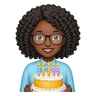 A Black woman with curly black hair and glasses holding a birthday cake. Can you make it a more basic emoji? sticker