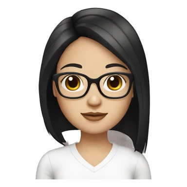 Create me a girl with a square cut, black hair, and square glasses and white skin and dark brown eyes with a laptop  sticker