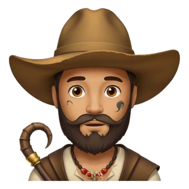 Bearded figure — large brown hat with horn, tattoo on face sticker