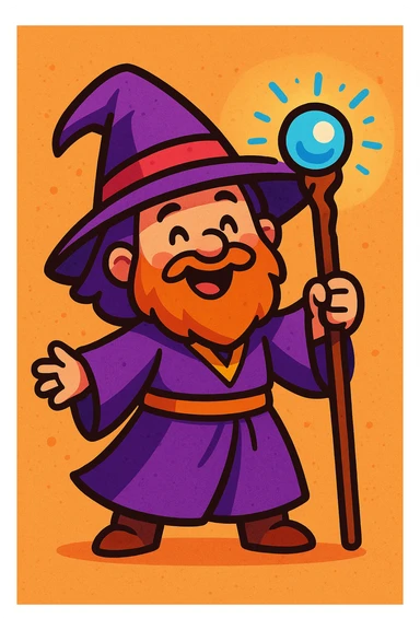 cute wizard with purple robes, holding a magic staff, big smile, charming and whimsical style sticker