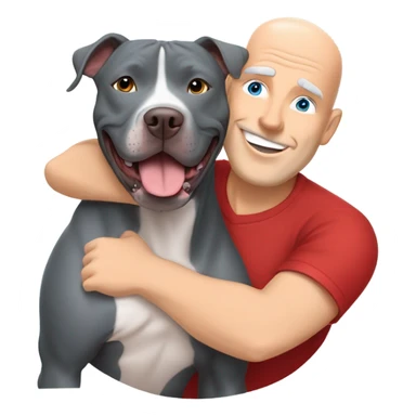 large gray male pit bull smiling and hugging bald white mature man no beard blue eyes with red tshirt sticker
