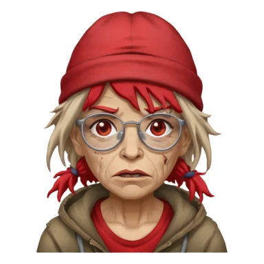 very dirty looking homeless woman with ripped red hat with ugly hair and broken glassess sticker