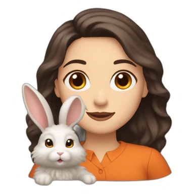 white woman with brown eyes and long wavy black hair in a brown blouse is holding orange and very fluffy rabbit sticker