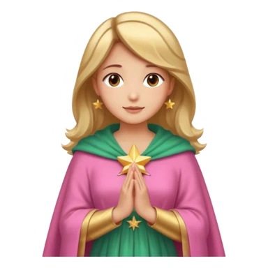 Mujer de piel morena, rostro sereno, manos juntas. Vestido rosa, manto azul verdoso con estrellas doradas. Resplandor dorado alrededor del cuerpo. sticker