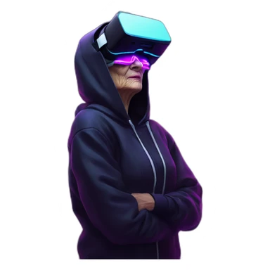 Russian old woman wearing a black hoodie with "OMG" letters on it and VR headset in a cyberpunk VR environment with violet neon lighting. sticker