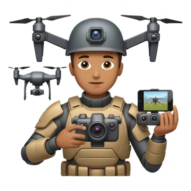 Un photographe homme high tech, une armure de terrain à la super héro. Il a des appareils photos, des caméras embarquées et un drone derrière lui en hauteur. sticker