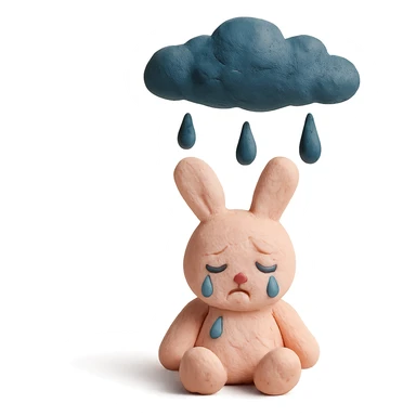 marshmallow bunny sitting with tears under a raincloud, claymation style sticker
