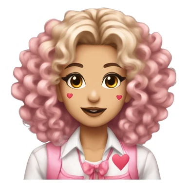 kogal with big curly hair and gyaru makeup and hearts on her cheeks sticker