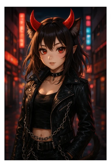 realistic anime catgirl devil in punk rock attire, leather jacket, chains, red horns, urban night background sticker