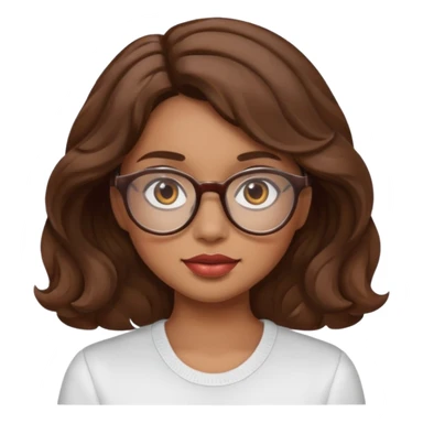 emoji de mujer linda de tez morena clara, rostro redondo u ovalado, ojos marrones, cabello ondulado marrón, labios medianos y gafas sticker