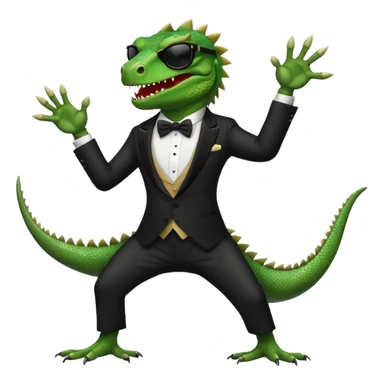 capitalist iguana banker in tuxedo and black sunglasses dancing crazy sticker